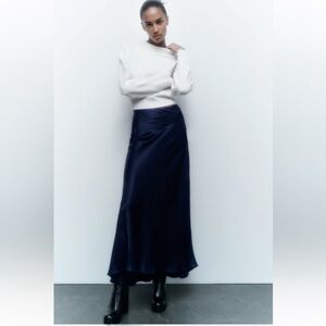 ZARA SATIN EFFECT MIDI SKIRT NAVY NWT